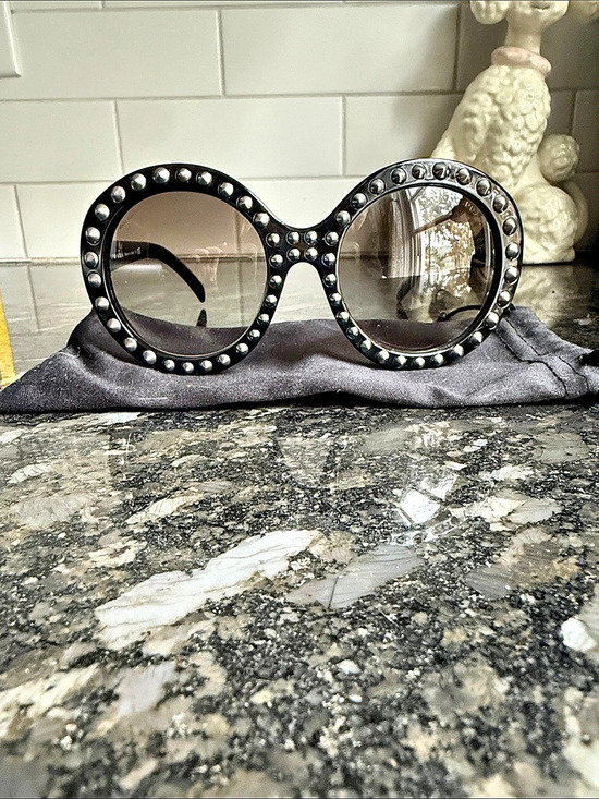 Prada Accessories - Prada Cinema Studded Round Sunglasses SPR 13Q Black & Gray